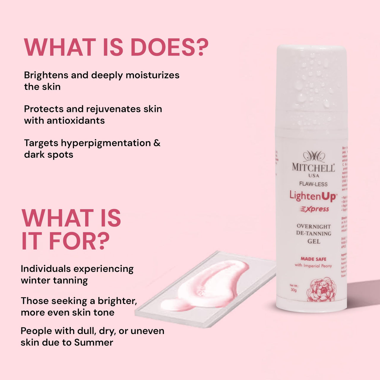 Mitchell USA Flaw-Less LightenUp Express Overnight De-Tanning Gel | Hydrating & Nourishing | Targets Dark Spots, Pigmentation & Winter Tanning | Made Safe with Imperial Peony (30g)