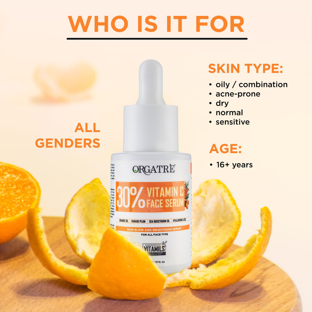 ORGATRE 30% Vitamin C Face Serum 30ml | Reduces Fine Lines & Wrinkles | Prevents Sunburn | Reduces Smoothes Uneven Skin | For Men & Women