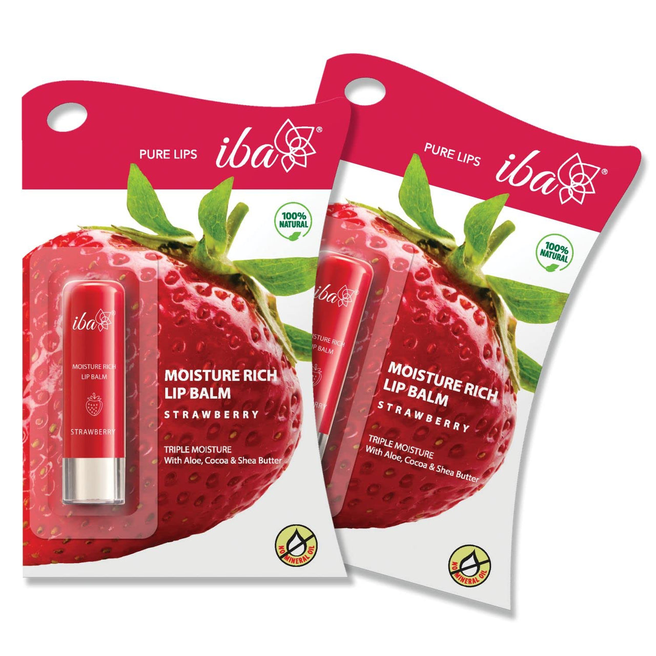 Iba Pure Lips Moisture Rich Lip Balm - Strawberry, 4.5 g (Pack of 2) | For Pigmented, Dry Damaged & Chapped Lips | Enriched with Cocoa Butter, Shea Butter l Glossy Finish | 100% Natural | Halal Certified & Vegan Makeup