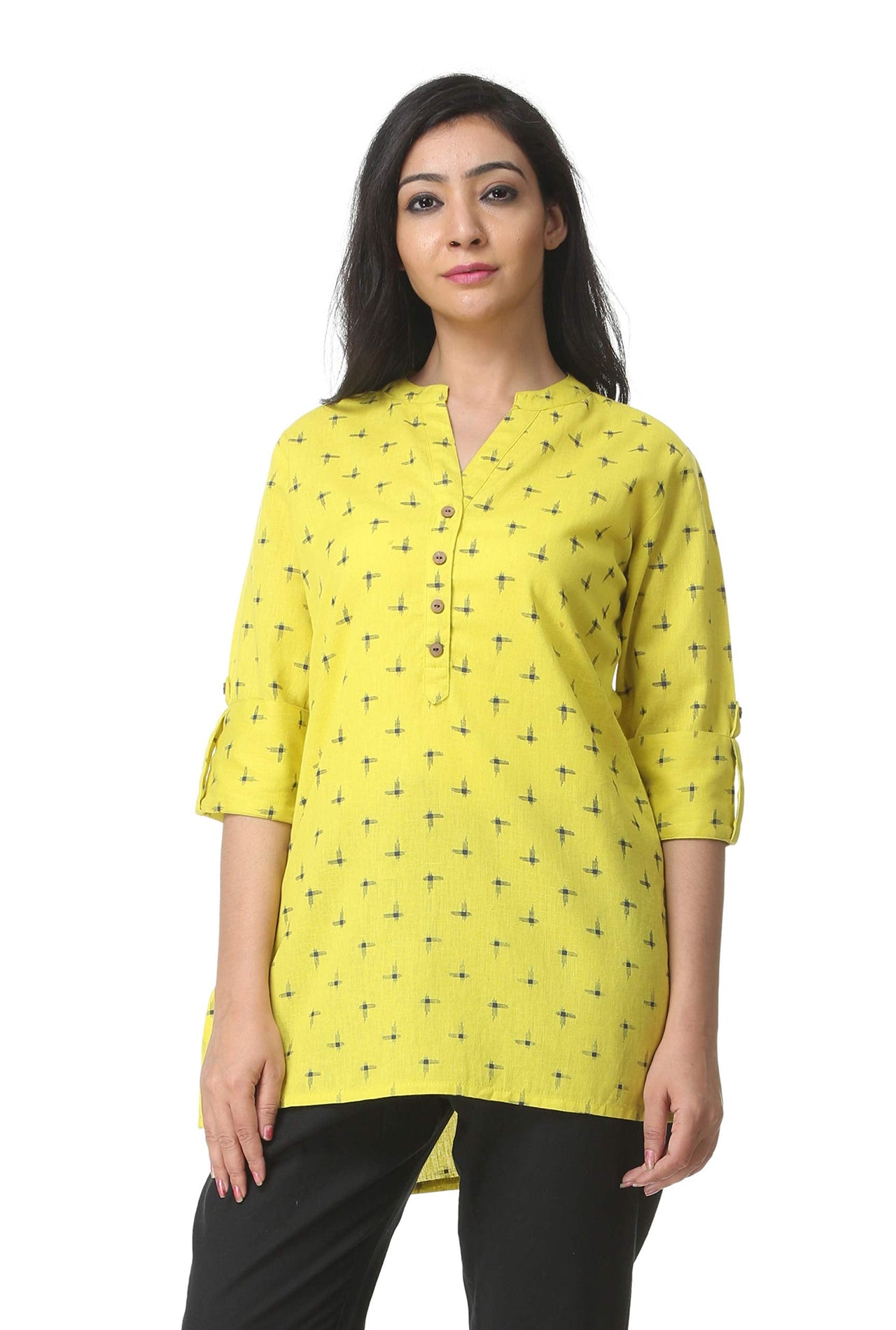 Pistaa's  Printed Lime Green Cotton Flex Short Top Kurti