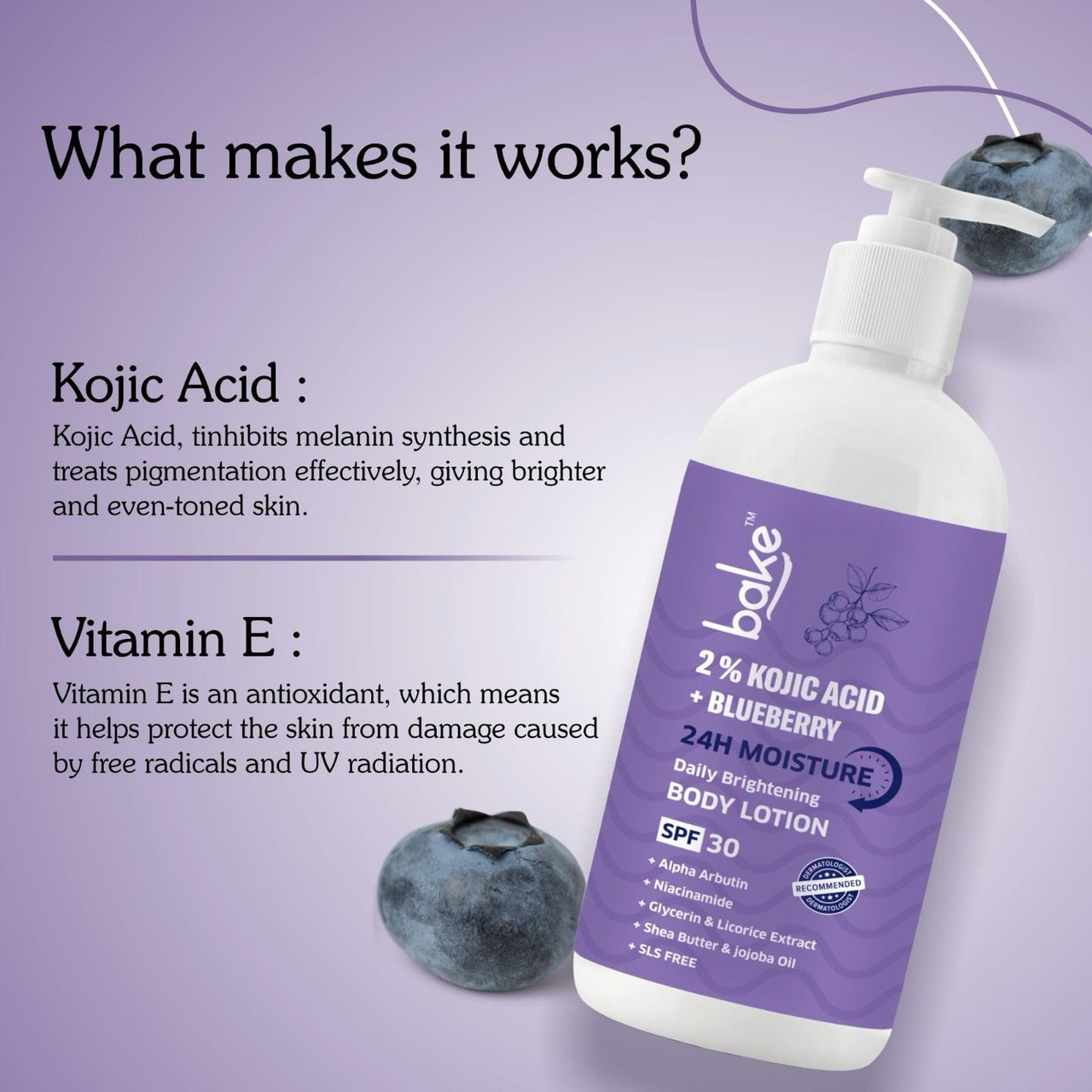 BAKE 2% Kojic Acid Brightening Body Lotion with Niacinamide & SPF 30 PA+++ for Pigmentation & Tan Removal | For Dark Spots & Sun Protection | De-Tan Body Lotion | Tanned & Pigmented Skin | For Women & Men | 200ml