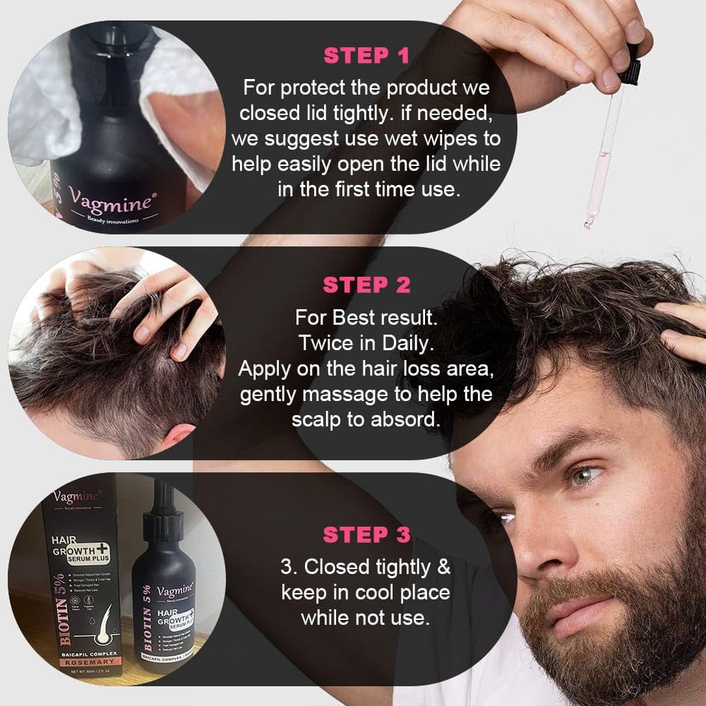 Vagmine Hair Growth Serum Plus With Biotin 5% & Rosemary - 60ml | Natural Treatment for Stronger, Thicker Hair | Promotes Healthy Hair Growth | Nourishes Scalp & Helps in Reduces Hair Fall