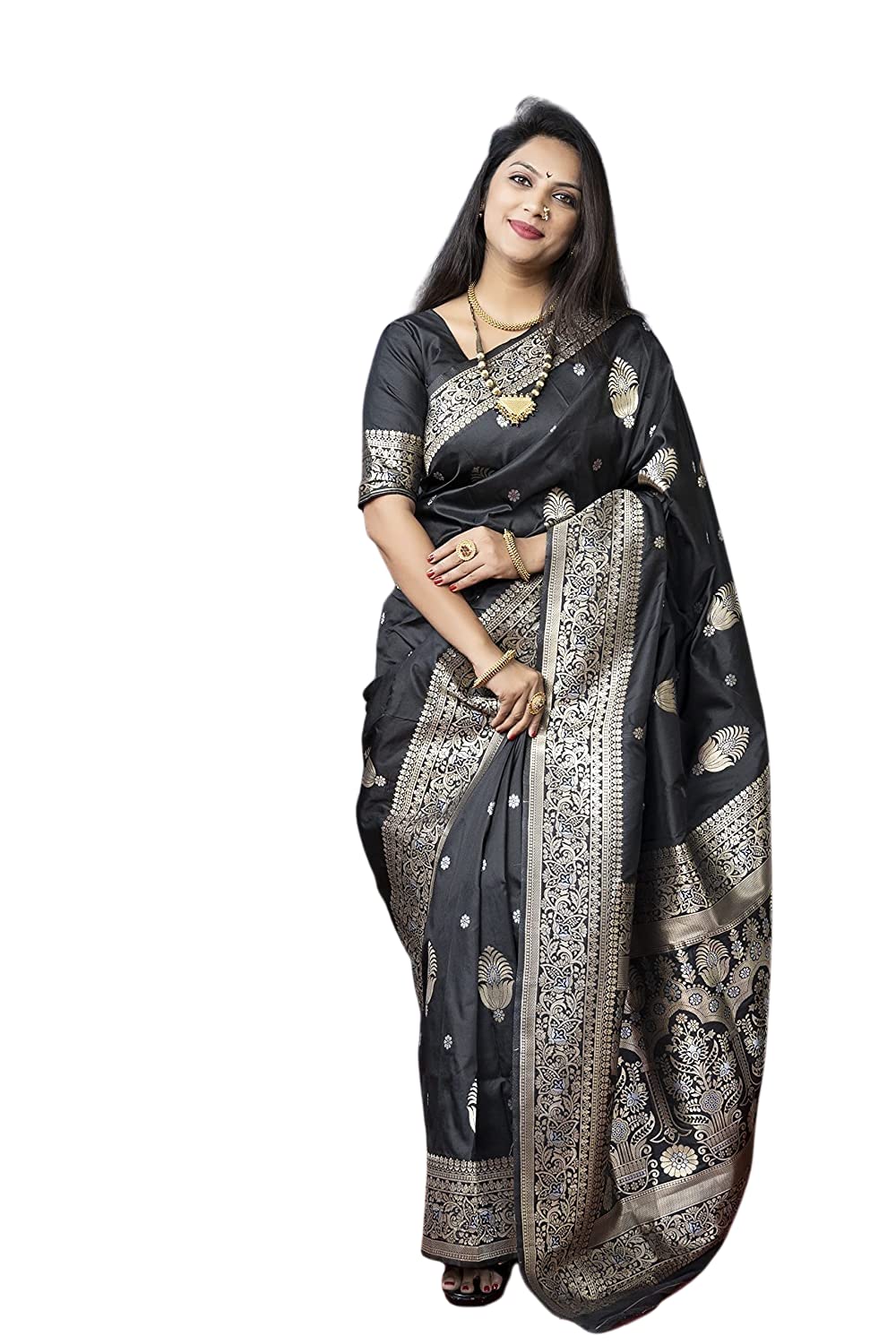 SGF11- Women's  Kanjivaram Pure Soft Silk Handloom Saree Pure Golden Zari With Blouse Piece
