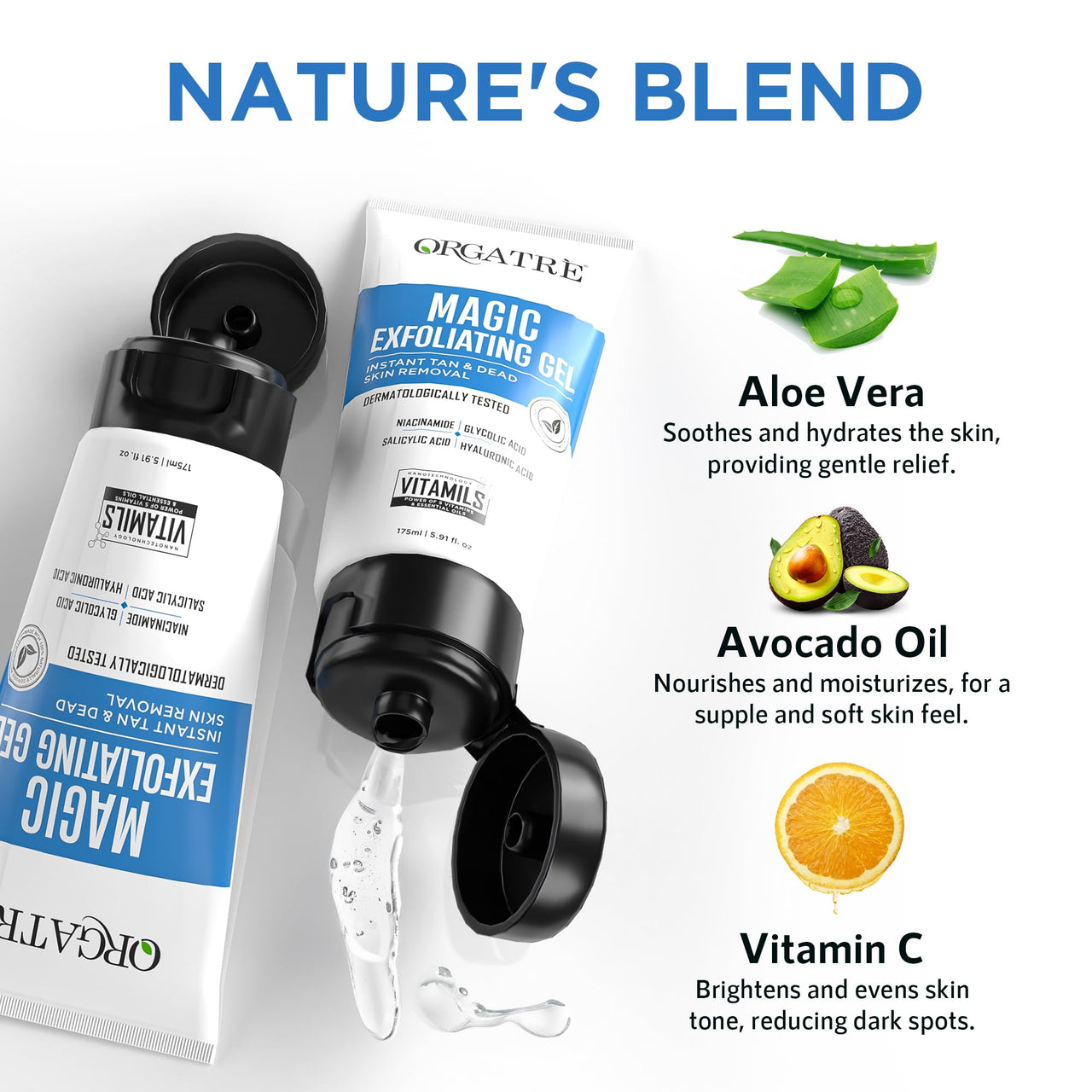 ORGATRE Magic Exfoliating Scrub Gel | Instant Tan & Dead Skin Removal for Face & Body | Dermatologically Tested with Niacinamide 0.001%, Glycolic Acid 0.10%, Salicylic Acid 0.01% & Hyaluronic Acid | 175ml Tan Removal Cream & Detan Gel