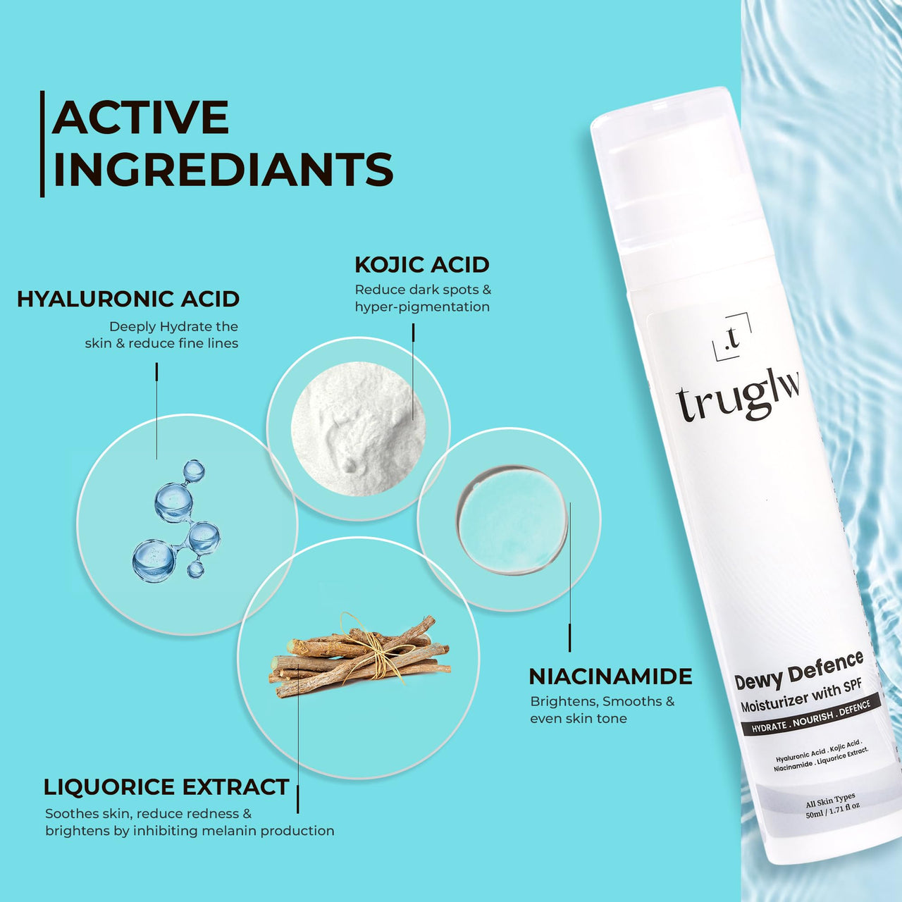 Truglw Dewy Defence Moisturizer with SPF | Hyaluronic Acid, Kojic Acid & Niacinamide | Hydrating, Brightening & Lightweight Sunscreen Moisturizer for Glowing Skin | Non-Sticky & Fast-Absorbing – 50ml