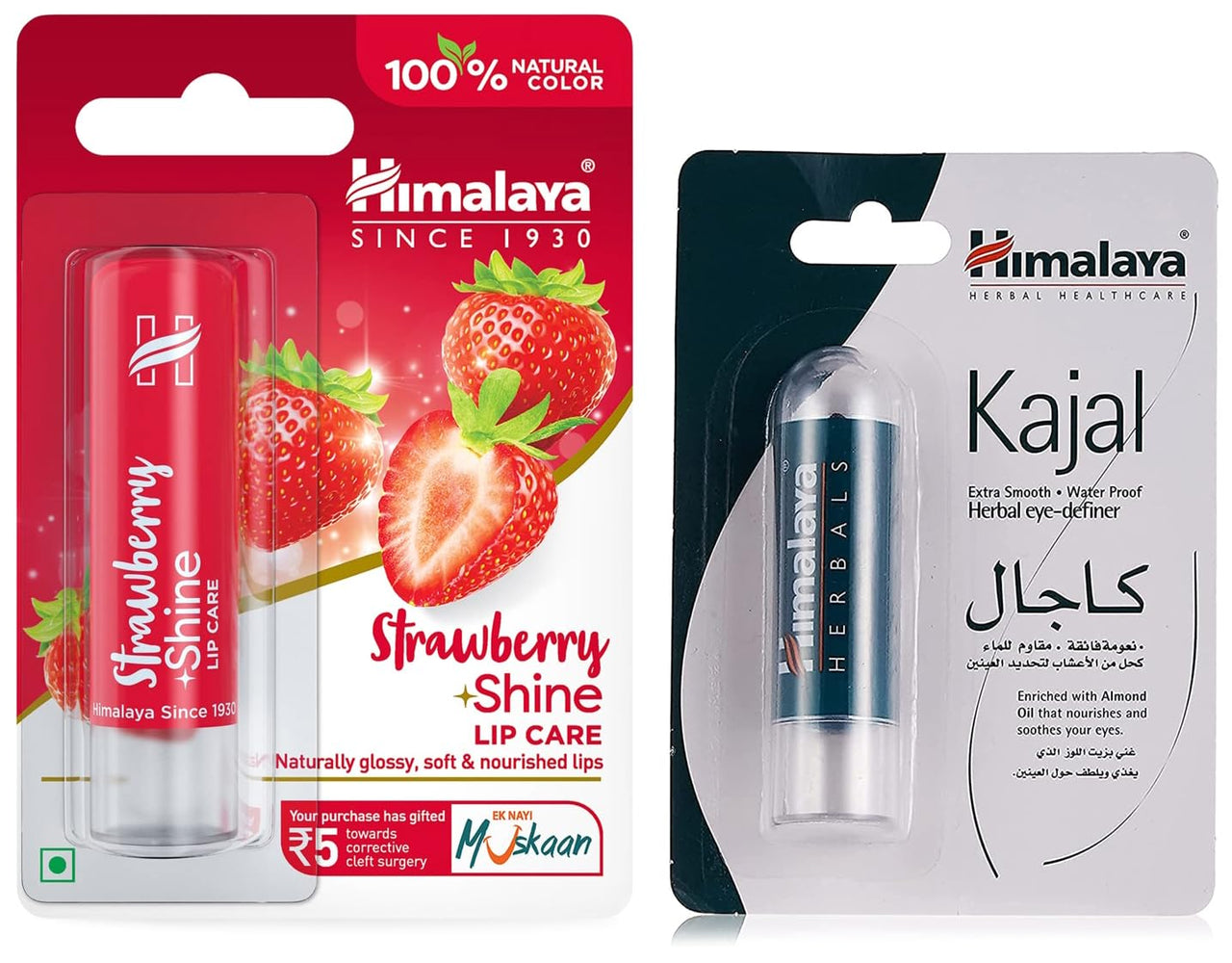 Himalaya Herbals Strawberry Shine Lip Care, 4.5g & Himalaya Herbals Kajal, Black, 2.7g (Packaging may Vary)