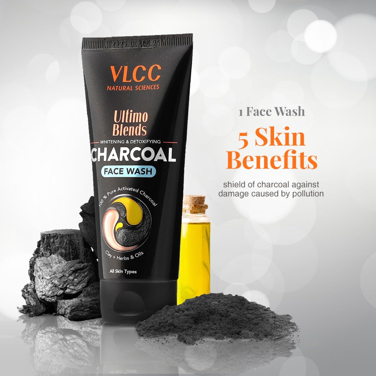 VLCC Ultimo Blends Charcoal Face Wash - 100ml - Whitening & Detoxifying, Acne Control, Exfoliation, Whitening with Activated Charcoal & Aloe Vera Extract