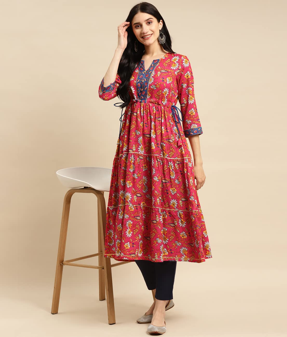 rangita Women Rayon Floral Printed Calf Length Tiered Kurti with Contrast Placket and Side Tie Ups