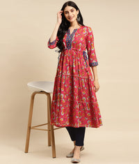 rangita Women Rayon Floral Printed Calf Length Tiered Kurti with Contrast Placket and Side Tie Ups