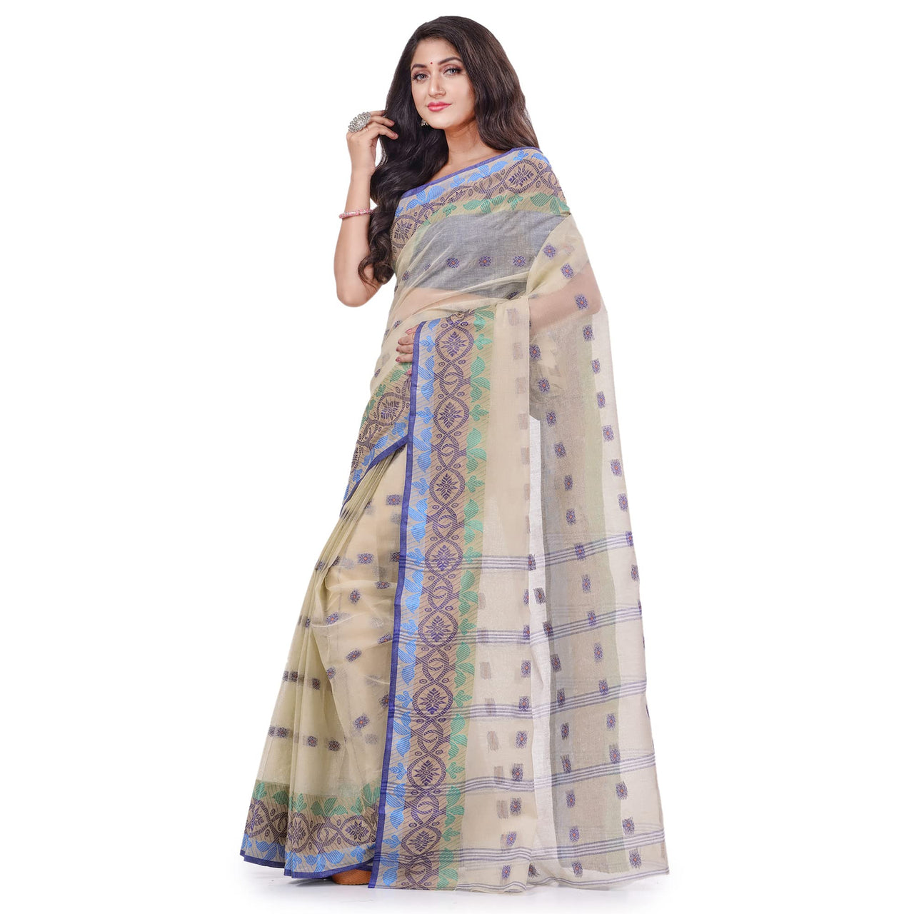 dB DESH BIDESH Women`s Traditional Bengal Tant Tri Leaf Woven Design Pure Handloom Cotton Saree Without Blouse Piece