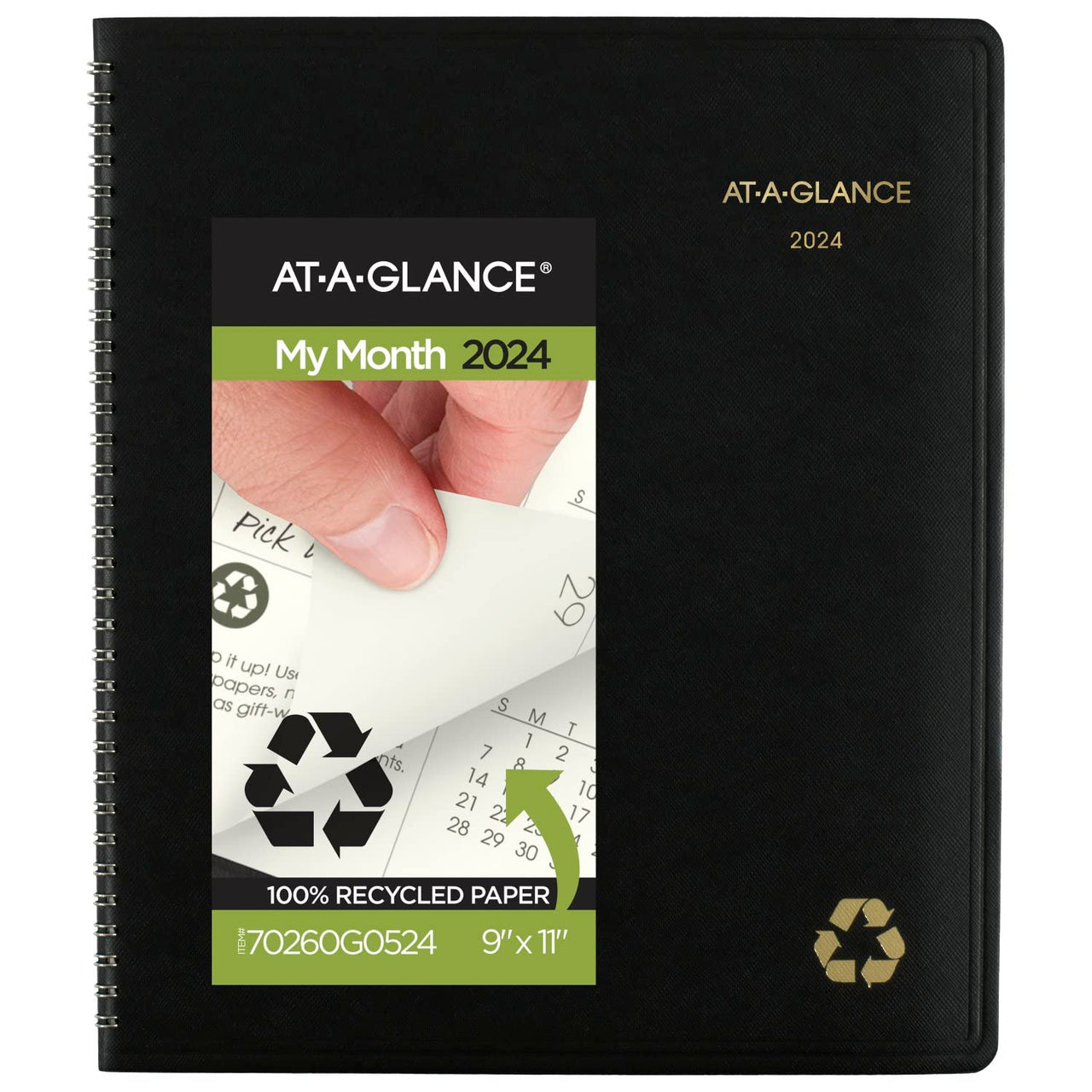 AT-A-GLANCE 2024 Monthly Planner, 9" x 11", Large, Spiral Bound, Recycled, Monthly Tabs, Faux Leather, Black (70260G0524)
