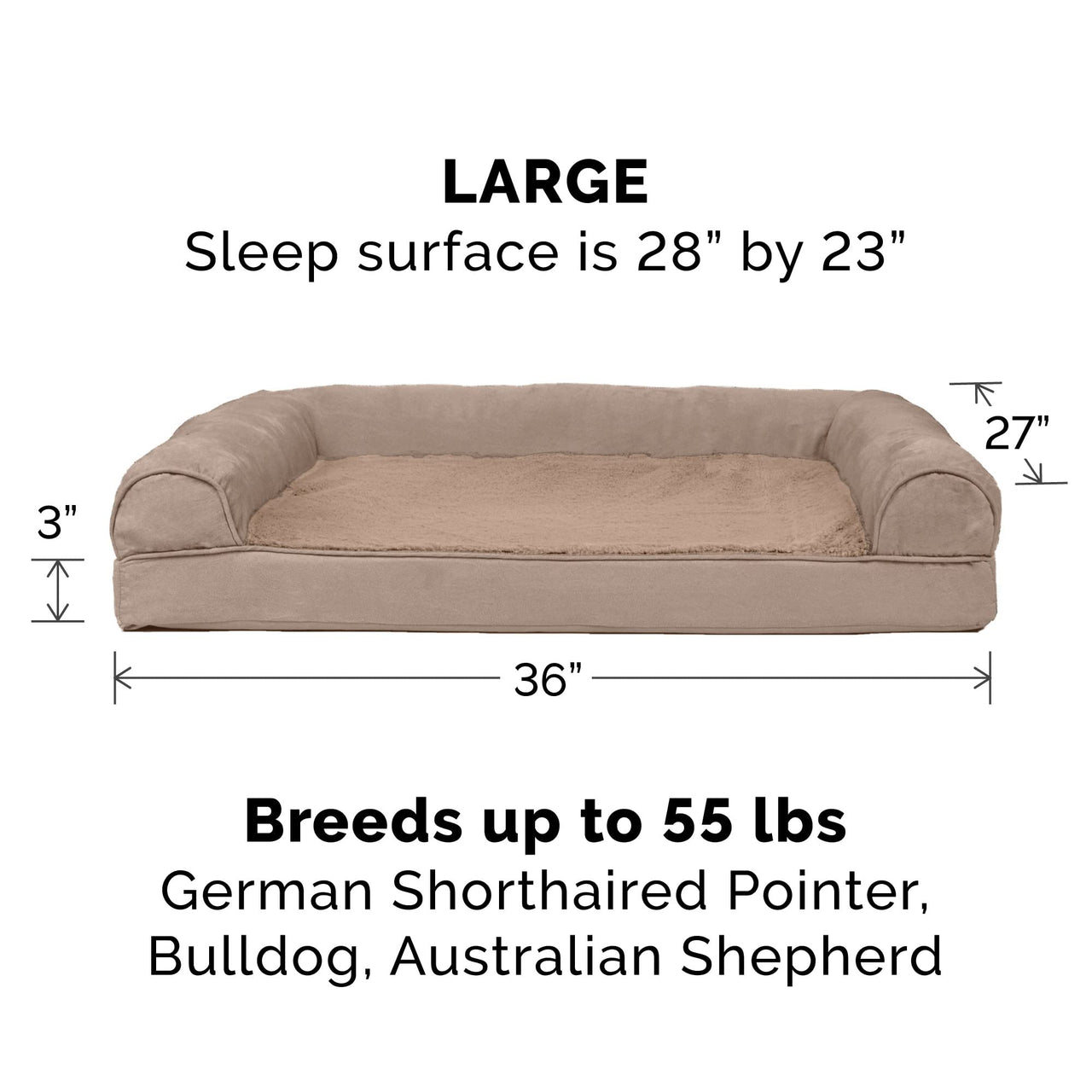 Furhaven Replacement Dog Bed Cover Plush & Suede Sofa-Style, Machine Washable - Almondine, Large Cover Only 36.0"L x 27.0"W x 0.3"Th (Plush & Suede) Almondine