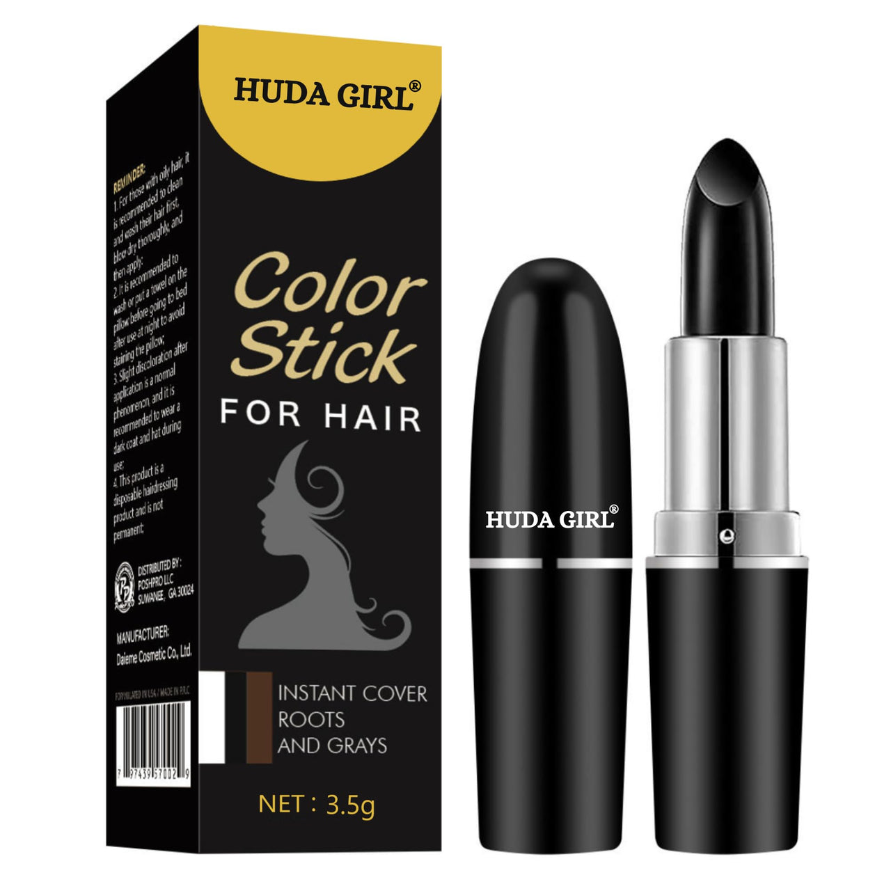 HUDA GIRL Natural Hair Color Root Touch Up For Grey Hair, Non-Toxic White Hair Coverage Touch Up Hair Dye Pencil For Men & Women (Black, 1 count)