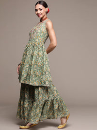 anubhutee Women's  Green Mirror Work Embroidered Printed Kurta Set with Sharara and Dupatta L