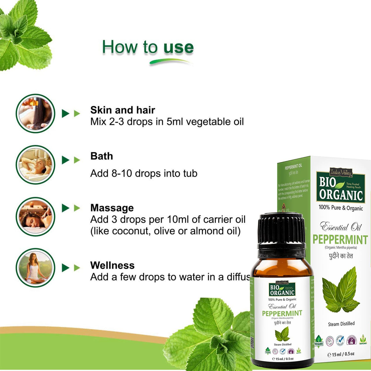 Indus Valley 100% Pure Natural & Organic, Undiluted Peppermint Essential Oil with Glass Dropper for Skin, Hair Care -15ml