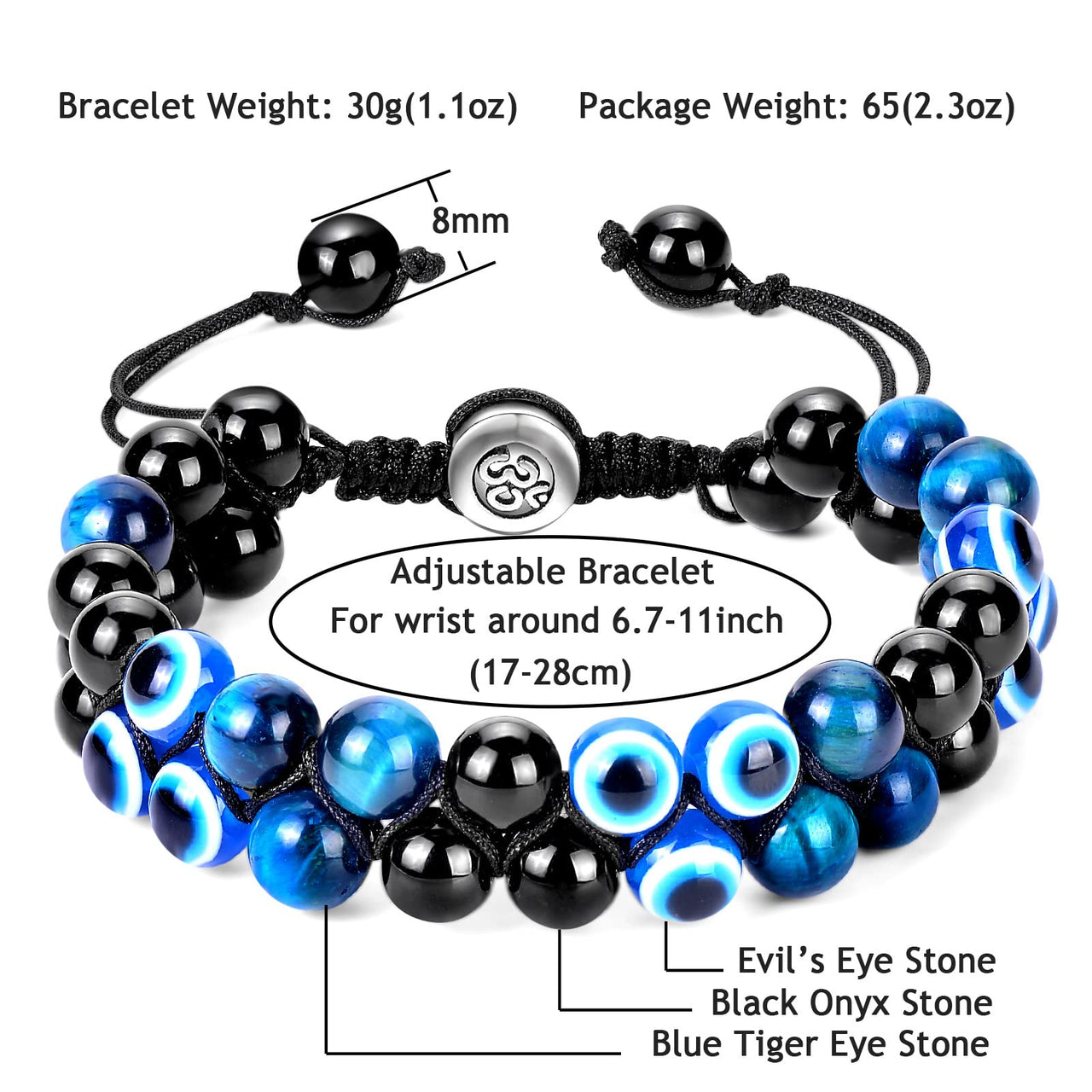 Triple Protection Bracelet 8MM Blue Tiger Eye Evil Eye Black Onyx Stone Bracelet Healing Crystal Natural Stone Bracelet for Men Women Bring Prosperity Luck (8mm Blue Tiger Eye/Evil Eye/Black Onyx) 8mm Blue Tiger Eye/Evil Eye/Black Onyx