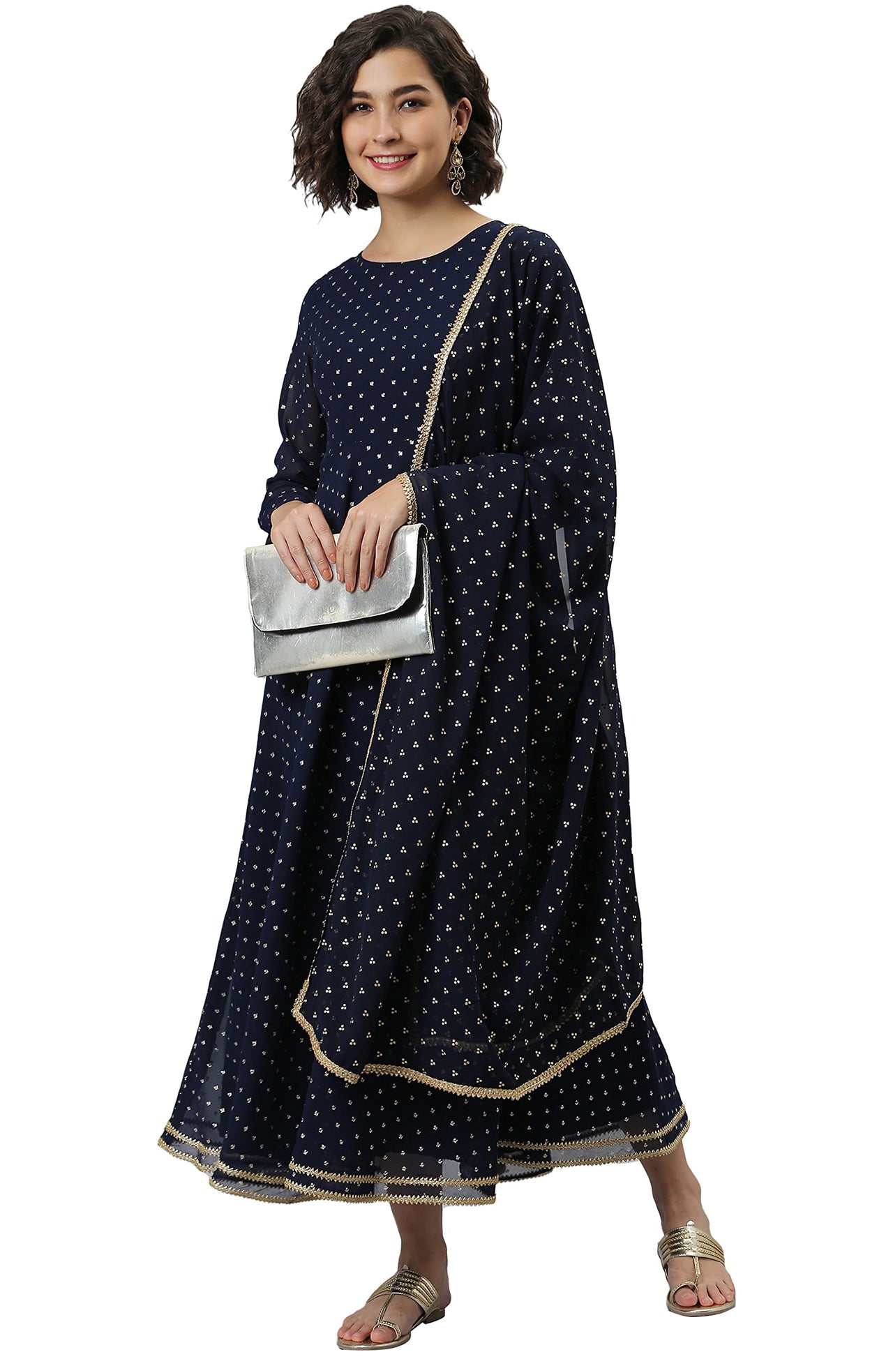 Janasya Women's  Navy Blue Poly Georgette Kurta with Dupatta
