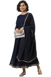 Janasya Women's  Navy Blue Poly Georgette Kurta with Dupatta