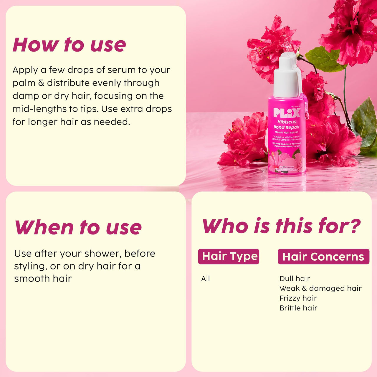 PLIX - THE PLANT FIX Hibiscus Bond Repair 10-in-1 Hair Serum | FiberHance™ | Repairs Damage Hair | Strengthens Keratin Structure | Provides 3X strengthening | 50ml