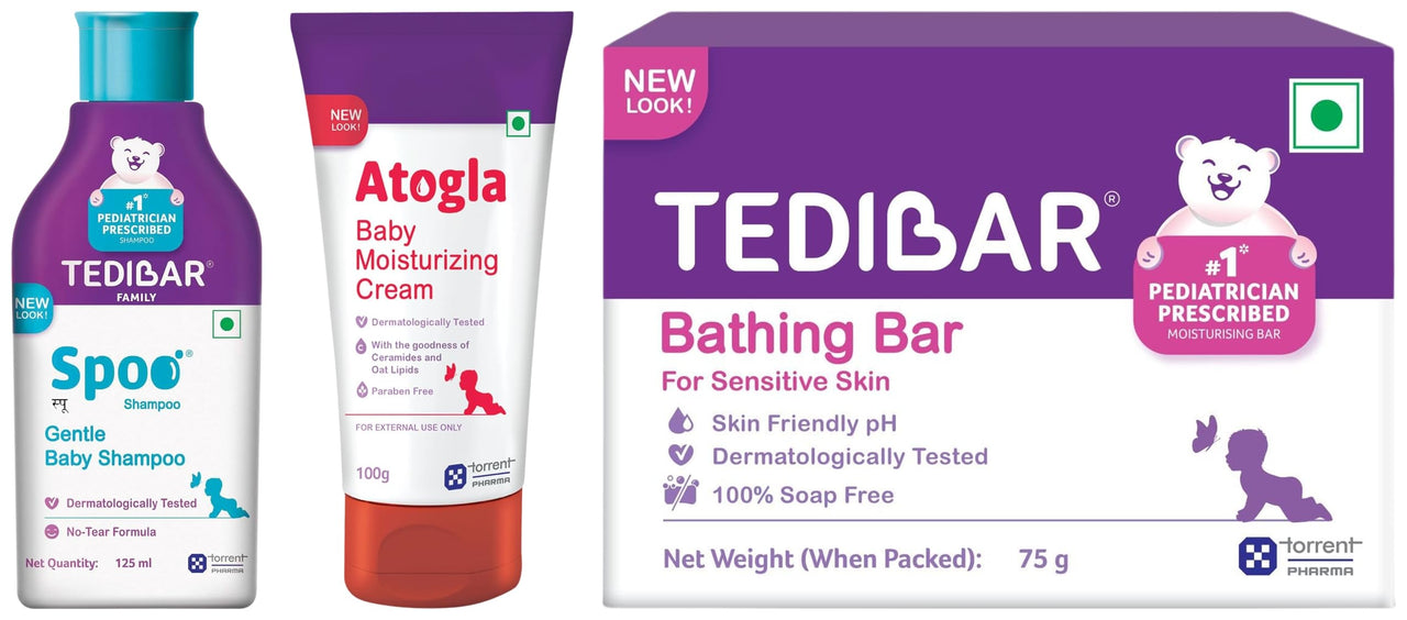 Tedibar Moisturising Baby Bathing Bar 75g (Pack of 1) + Spoo Gentle Baby Shampoo 125ml + Atogla Baby Cream 100gm - By Torrent Pharma