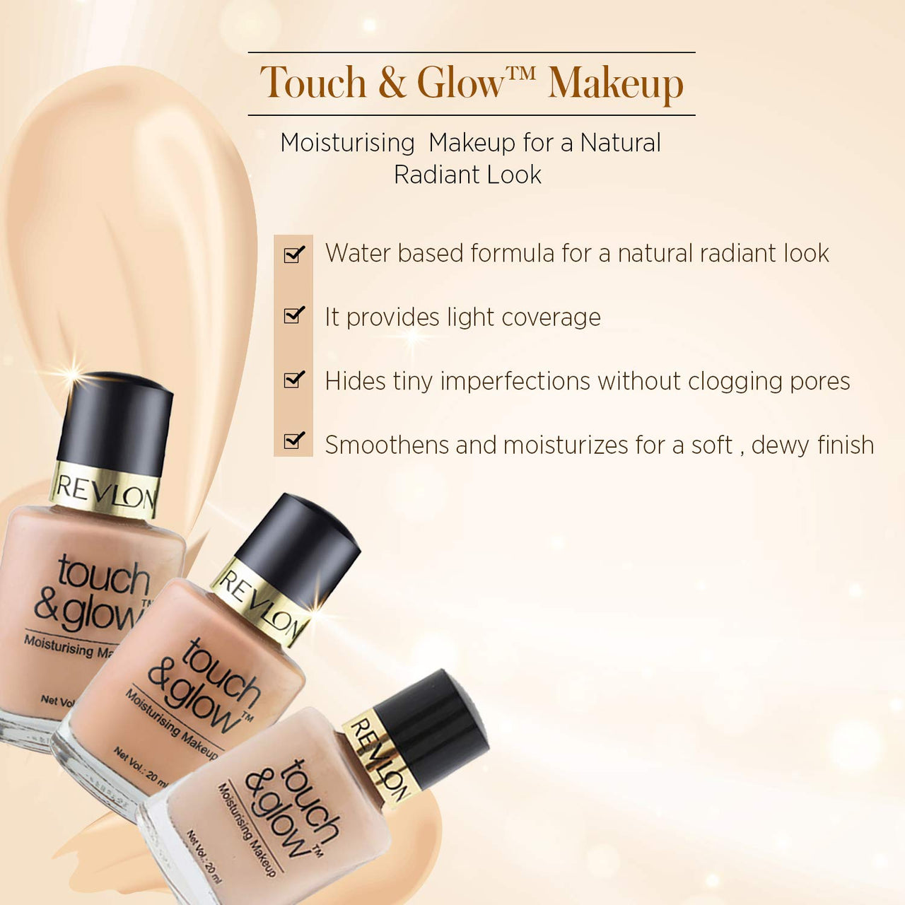 REVLON Touch And Glow Liquid Make Up Dewy - Ivory Mist, 20Ml, Light, Medium, Combination