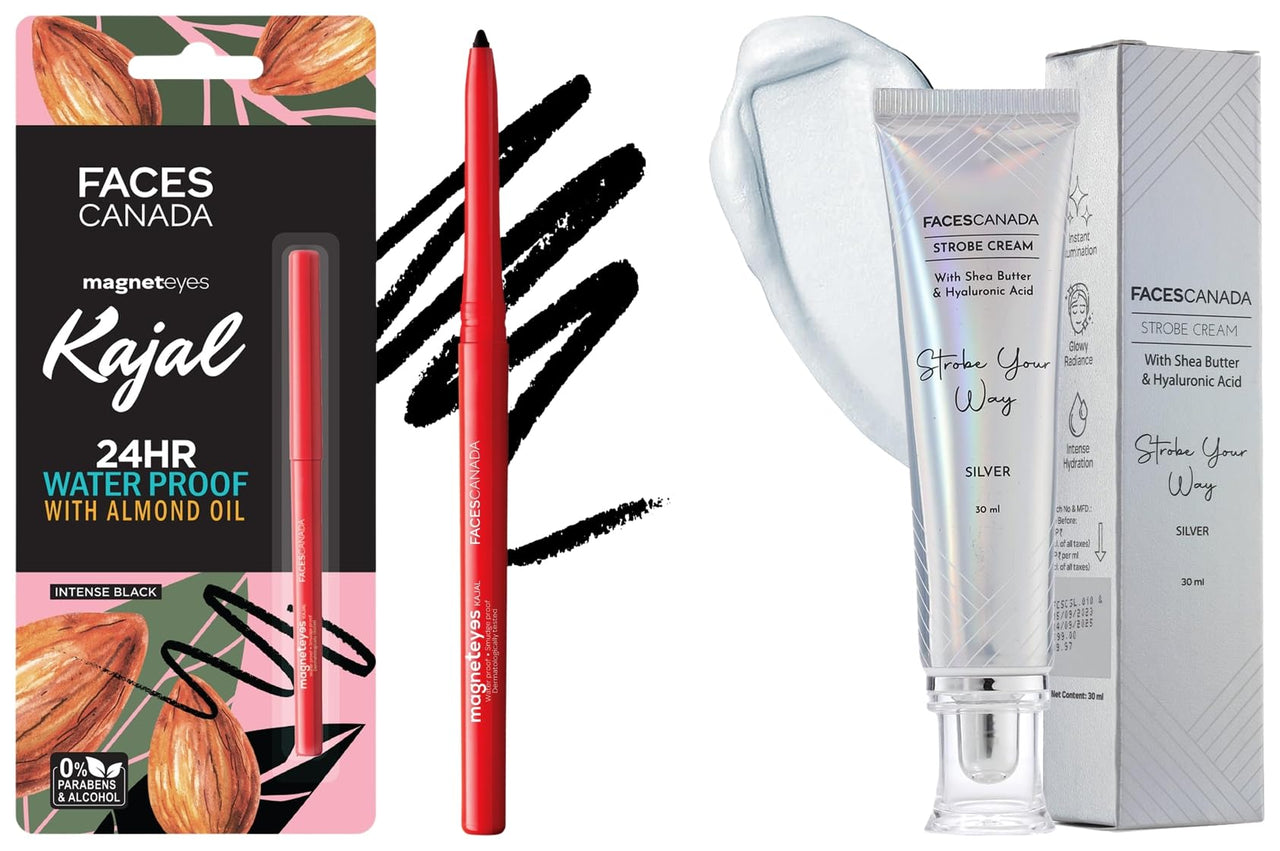 FACESCANADA Strobe Cream - Silver 30Ml And Faces Canada Magneteyes Kajal - Black, 0.35G Almondoil & Vitamine