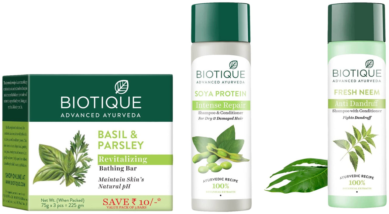 Biotique Soya Protein Intense Repair Shampoo & Conditioner, 190ml & Bio Basil and Parsley Body Revitalizing Body Soap, 225 g (3 x 75 g) & Bio Neem Margosa Anti Dandruff Shampoo and Conditioner, 190ml