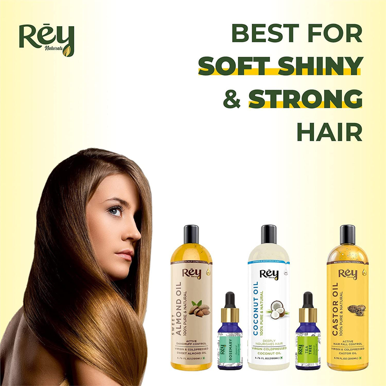 Rey Naturals Complete Hair Care Kit- Castor Oil+Coconut Oil+Almond Oil+Rosemary Oil+Teatree Oil