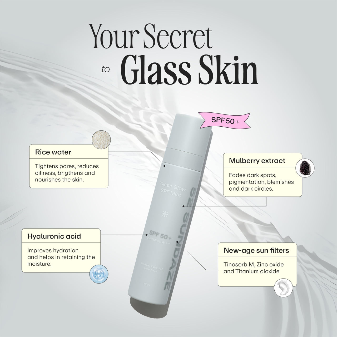 52 Sundaze Spf50 Rice Water Sunscreen Mist | Spf 50+ Pa++++ Sunscreen Spray | Invisible Sun Screen | Clear Glow Rice Sun Mist | Uva/B Broad Spectrum | Oily & Dry Skin| Men & Women | 100 Ml