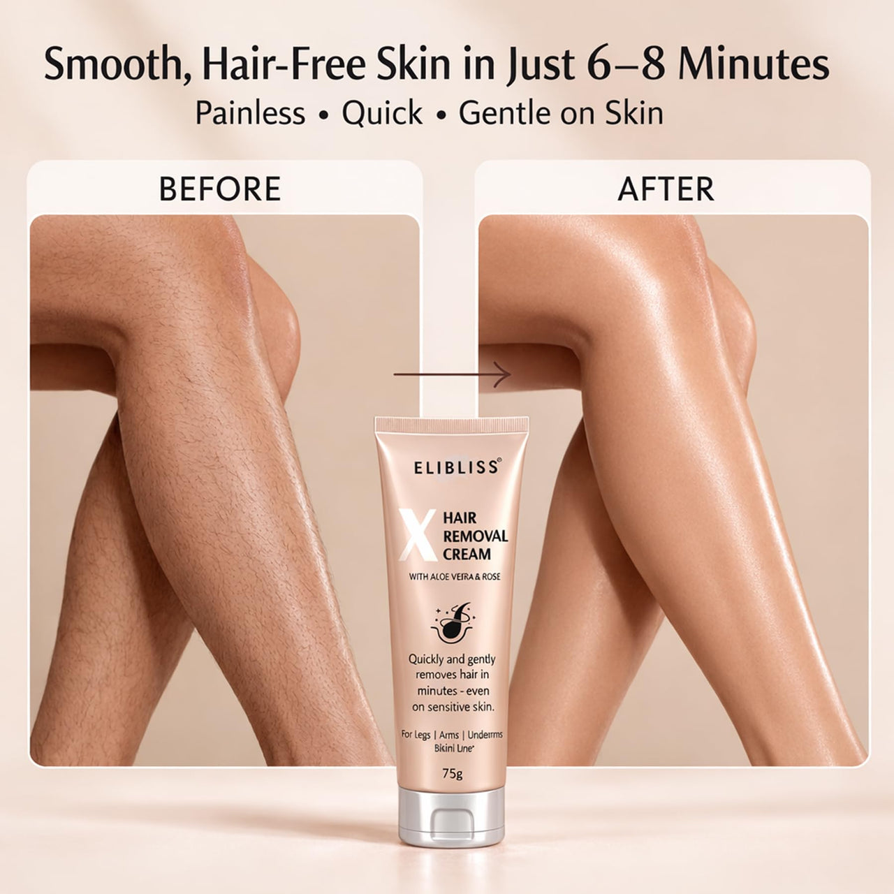 Elibliss X Hair Removal Cream 75g | Aloe Vera for Sensitive Skin | Painless Hair Remover for Under arms, Legs & Bikini Line | Smooth & Hydrated Finish