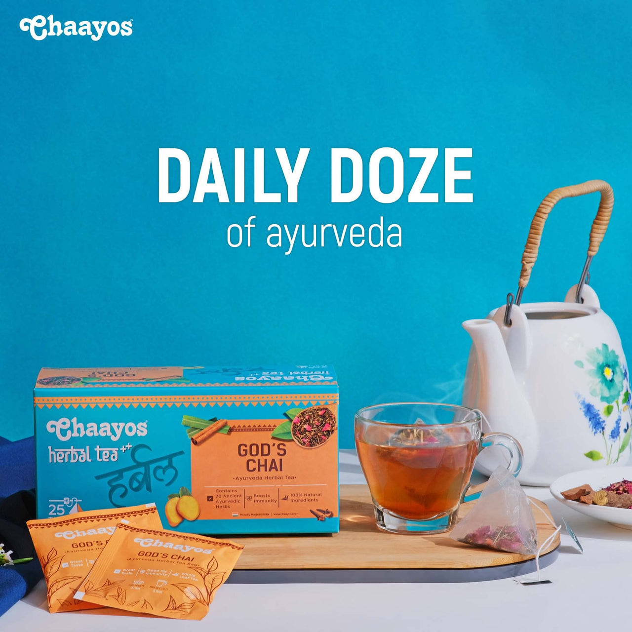 Chaayos Ayurvedic Herbal Tea (God's Chai) Tea Bags-25 Pyramid Tea Bags | Contains 21 Natural Ayurvedic Herbs | Ayurvedic herbal tea for immunity | 100% Natural Immunity Booster | Detox Tea | Green Tea | Tea