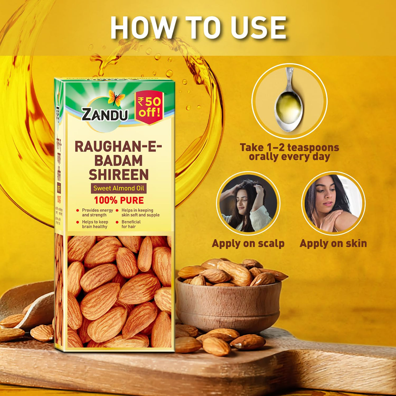 ZANDU RAUGHAN-E-BADAM SHIREEN Sweet Almond Oil 100% Pure & Natural cold pressed 100ml