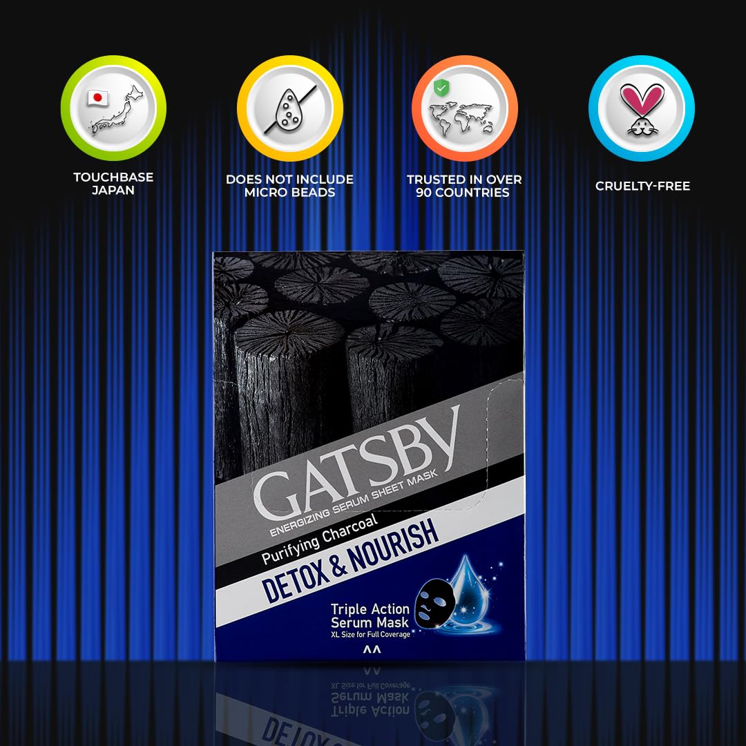 Gatsby Energizing Serum Sheet Mask - Purifying Charcoal | Detox & Nourish | Activated 100% Natural Bamboo Charcoal Sheet Mask | Triple Action Serum Face Mask | XL Size For Full Coverage