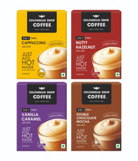 Colombian Brew 3 in 1 Assorted Instant Coffee Premix Café Latte, Cappuccino, Hazelnut, Vanilla Caramel, Double Choco Mocha, 10 Sachets Box Buy 3 Get 1 Free