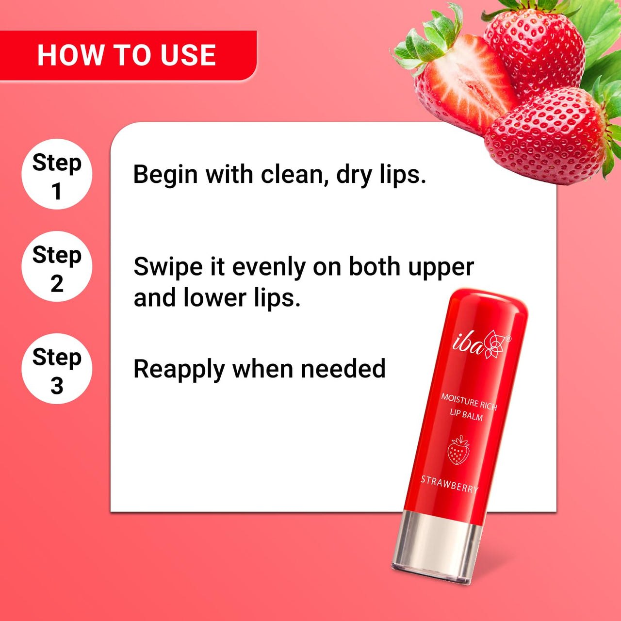 Iba Pure Lips Moisture Rich Lip Balm - Strawberry 4.5 g | For Pigmented Dry Damaged & Chapped Lips | Enriched with Cocoa Butter Shea Butter | Glossy Finish | 100% Natural | Halal Certified & Vegan