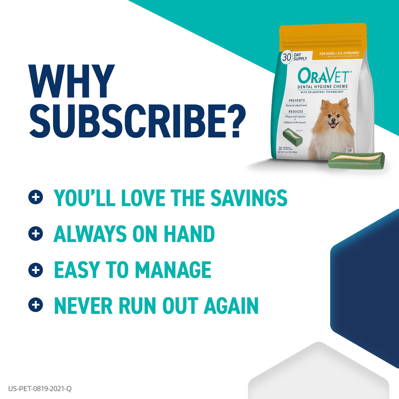 OraVet Dental Chews for Dogs, Oral Care and Hygiene Chews (Extra Small Dogs, 3.5-9 lbs.) Yellow Pouch, 30 Count