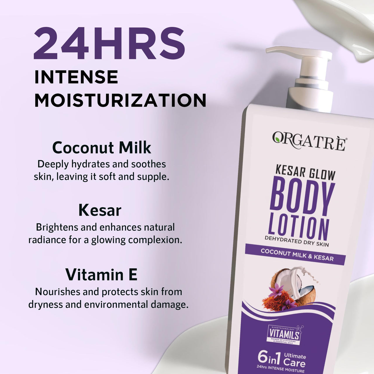 ORGATRE Kesar Glow Body Lotion for Dry Skin | Coconut Milk & Saffron | Deep Moisturization & Brightening | 24H Intense Hydration | For Women, Men & Kids | Antioxidant Protection – 400ml
