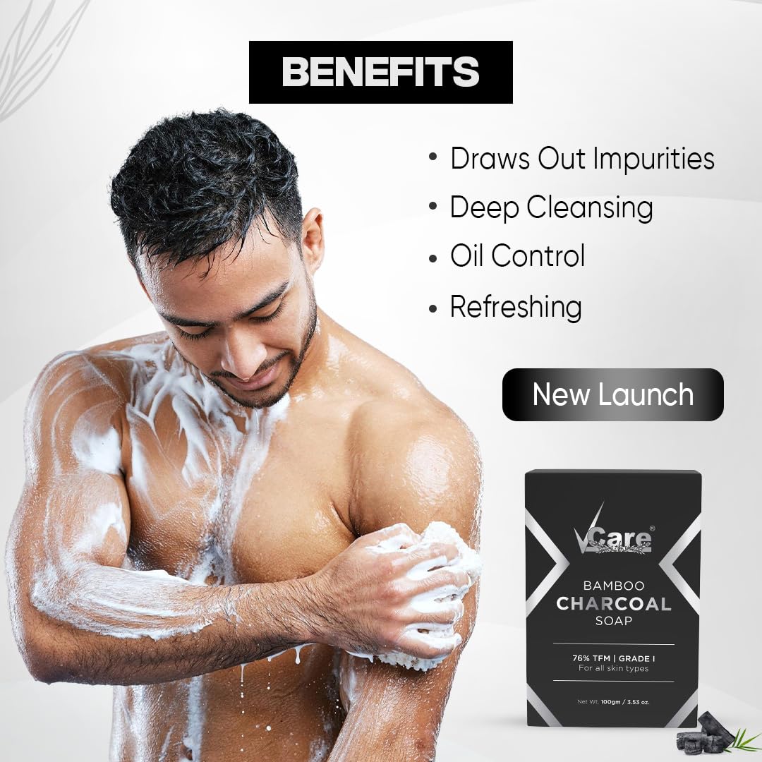 VCare Bamboo Charcoal Soap for Men and Women|76% TFM Grade 1 Skin Protection, Deep Cleansing and Detoxifies Bathing Soap Bar - 100gm Buy 3 Get 1 Free