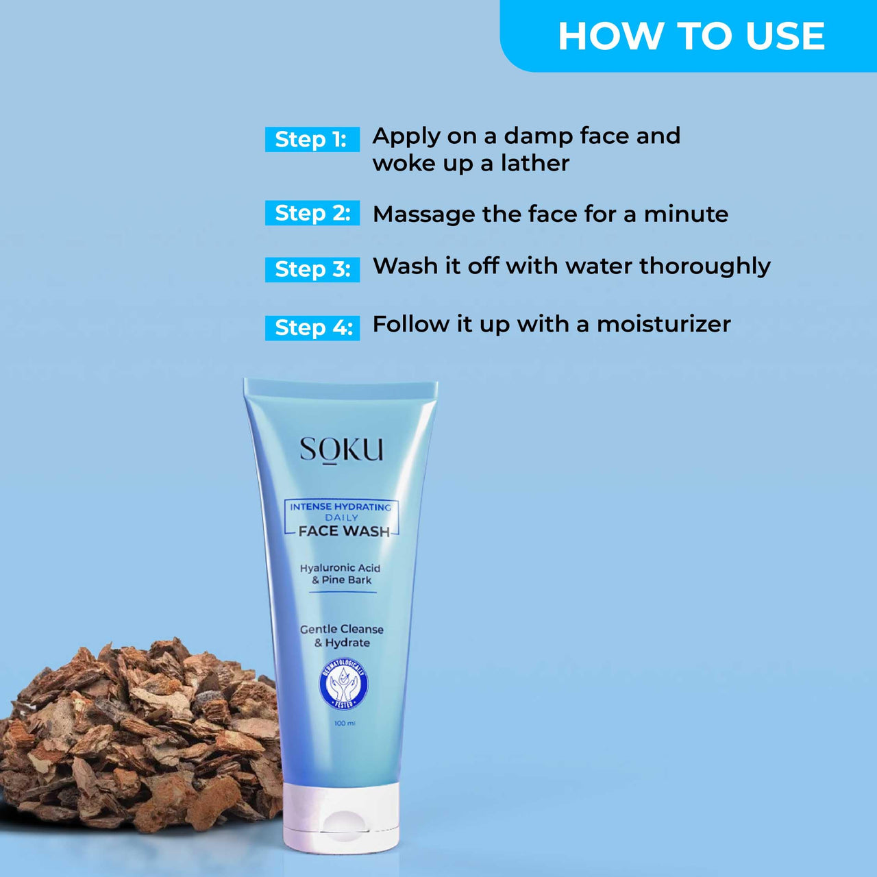 SOKU Intense Hydrating Daily Face Wash | With Hyaluronic Acid and Pine Bark Extract | Suitable For Dry Skin | Pore Cleansing & Dirt Control | Men & Women - 100 ml