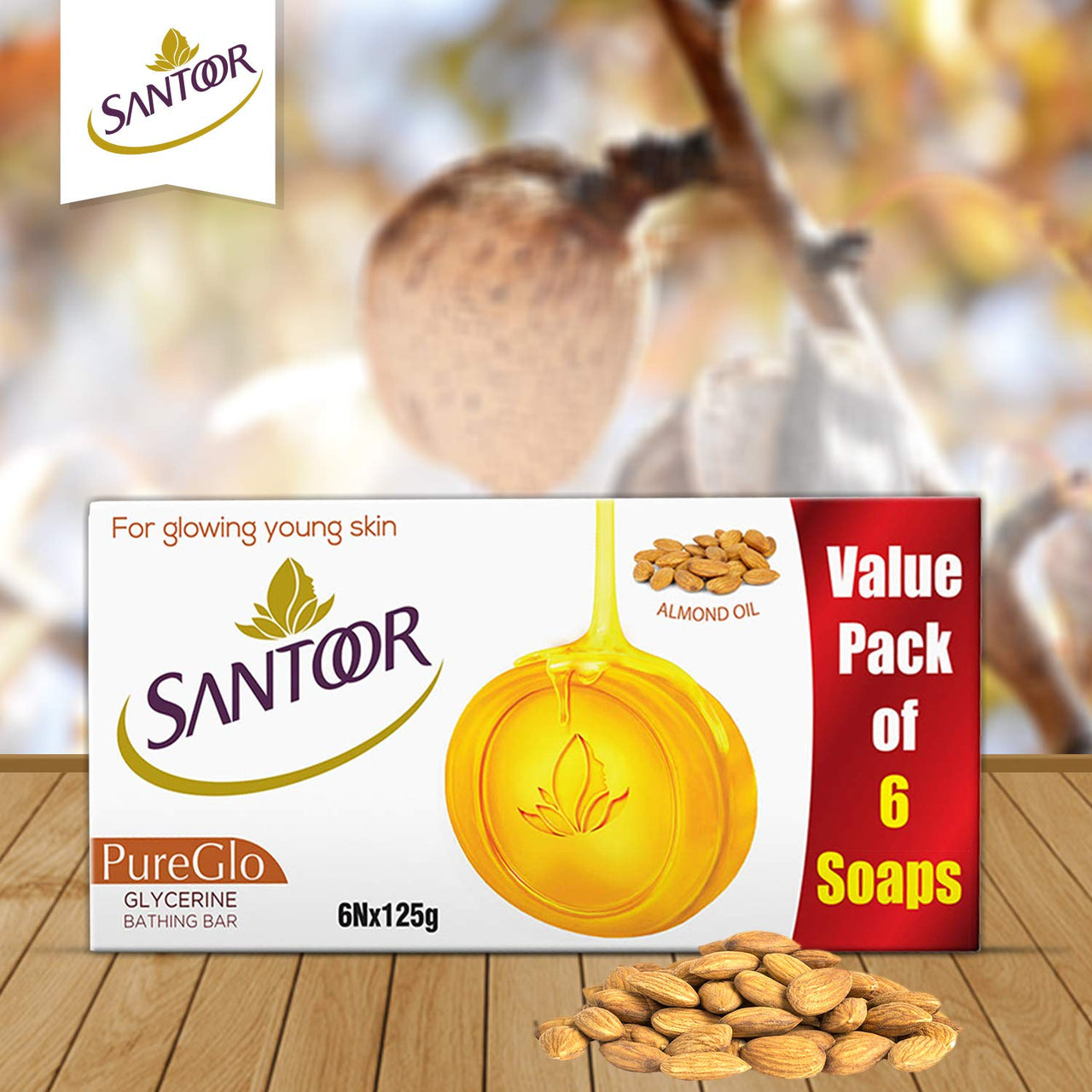Santoor Gold Soap 125G (Pack Of 6) And Pureglo Glycerine Soap With Almond Oil And Glycerine, 125G (Pack Of 6) For Nourished Glowing Skin