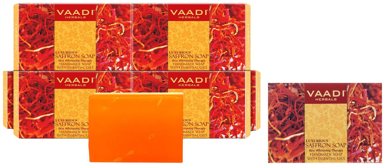 VAADI HERBALS Super Value Luxurious Saffron Skin Whitening Therapy Soap, 75g (Pack Of 6) & Luxurious Saffron Soap, Skin Whitening Therapy, 75g