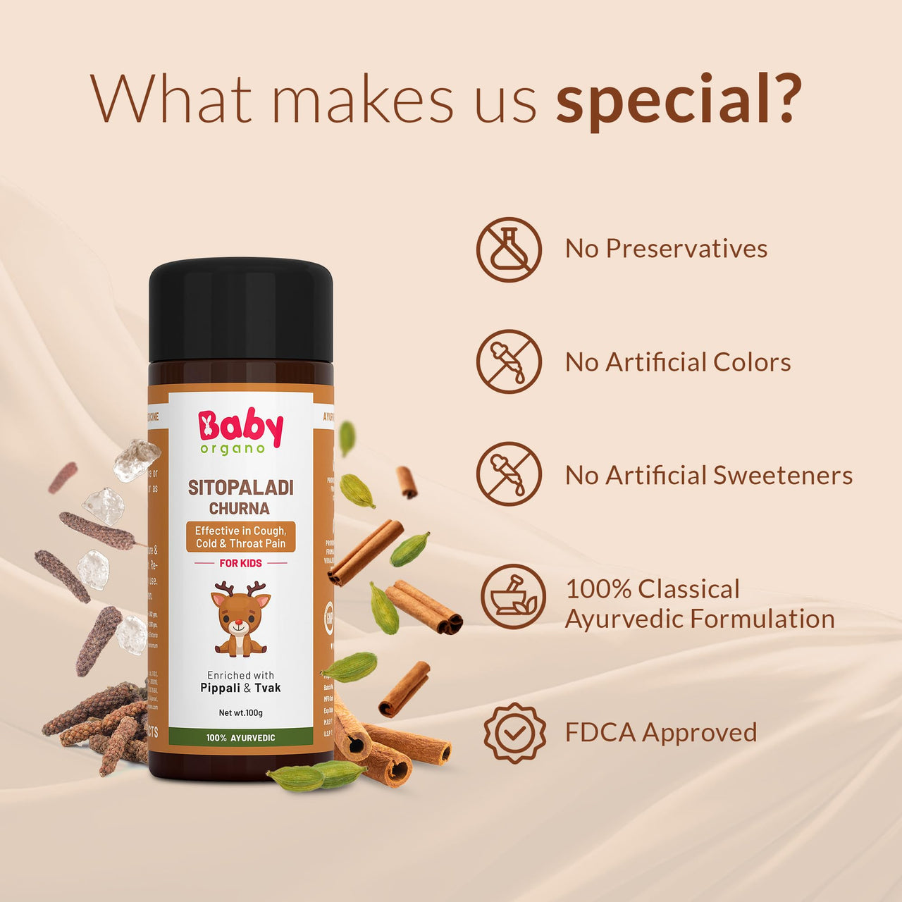 Babyorgano Sitopaladi Churna or Churan (1-15 Years) - Ayurvedic Classical Remedy for Cough Cold, Sore Throat & Digestive Wellness for Kids - 100gm