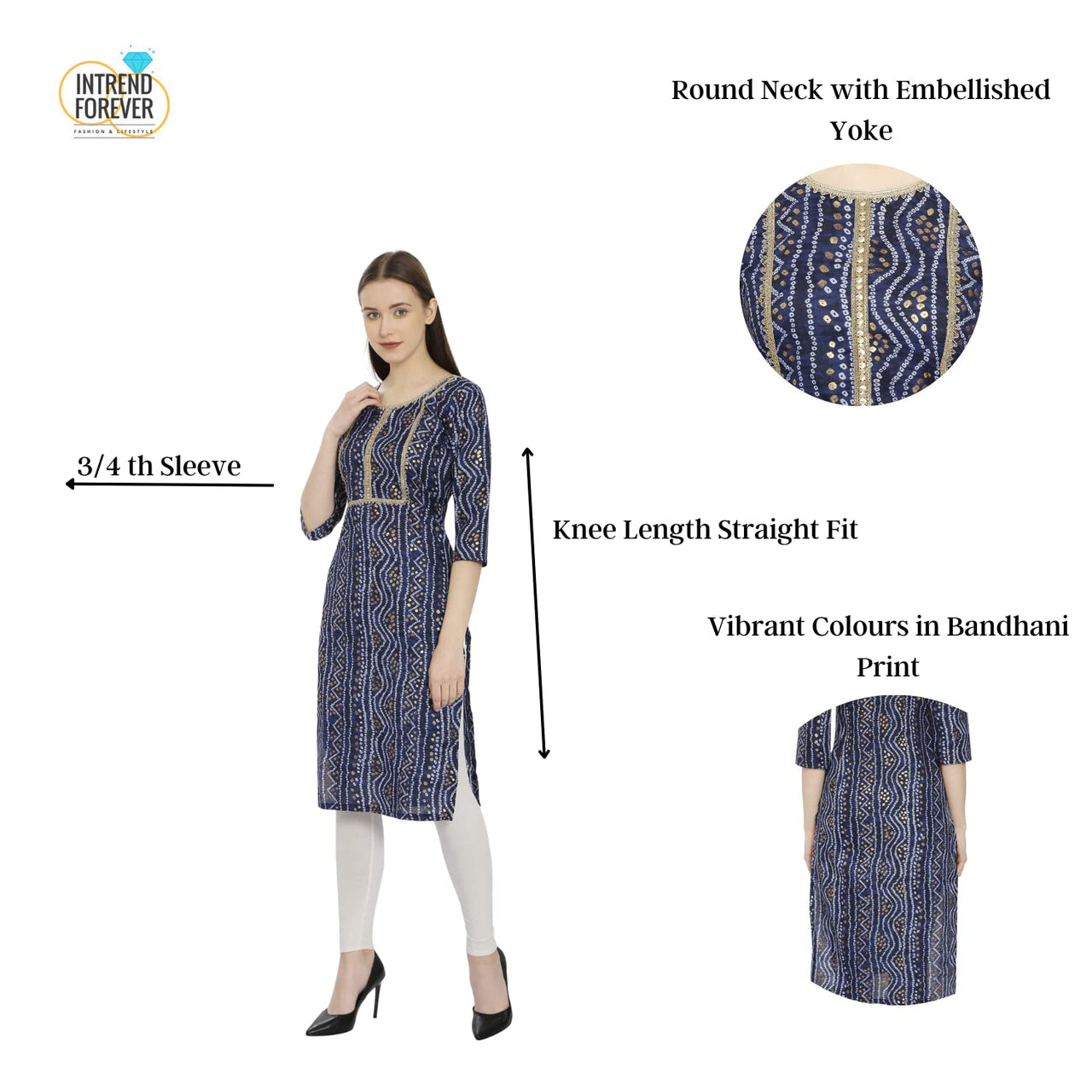 InTrend Forever Bandhani Foil Print Designer || Cotton Kurta for Ladies || Straight Fit || Zari & Sequins lace || Kurtis for Women