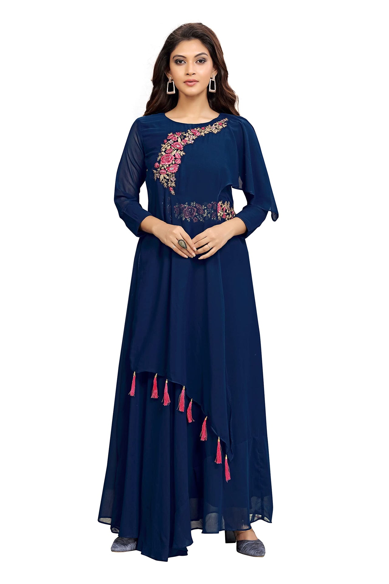 TRENDMALLS Women's  Fox Georgette Blooming Flared Long Stitched Embroidery Butta Work Anarkali Kurti Gown