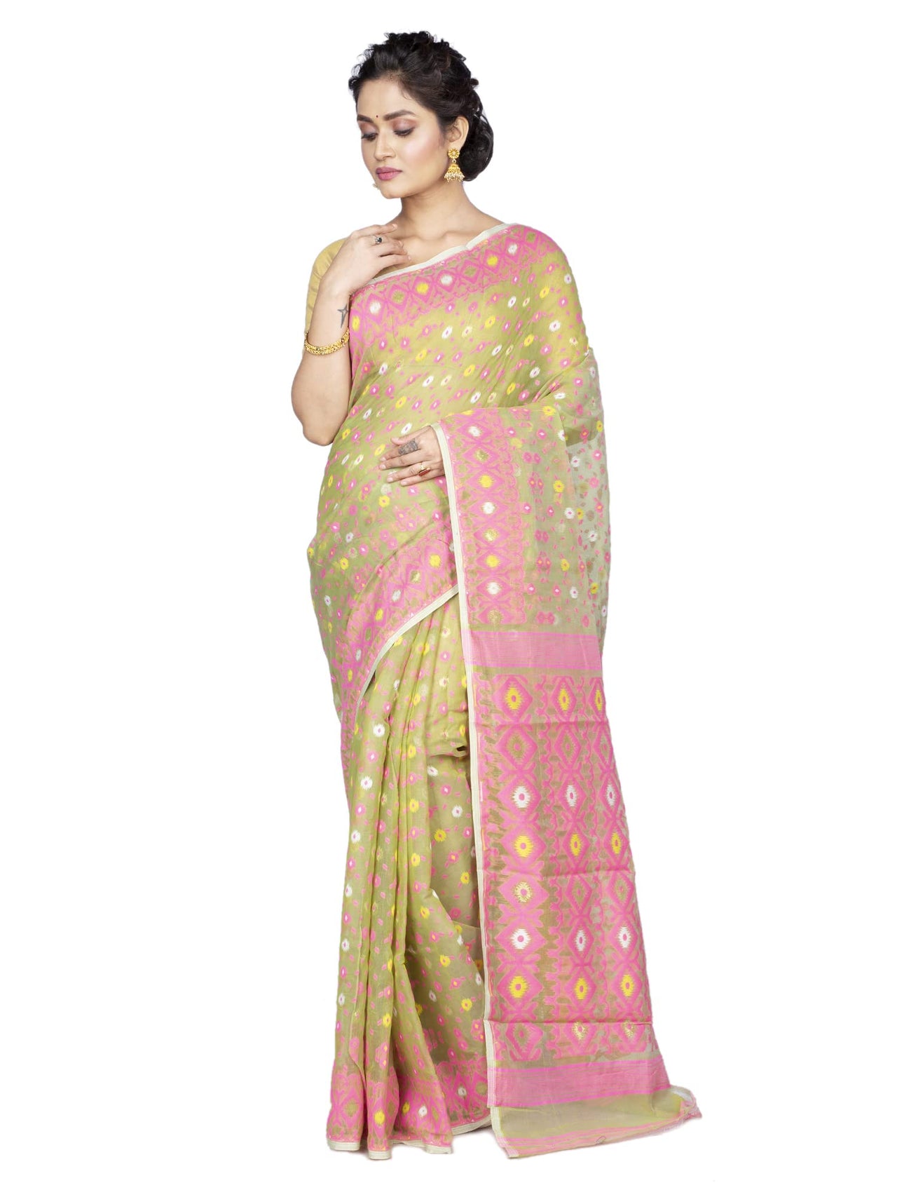 T.J. SAREES Women's  Jamdani Silk Blend Saree Without Blouse Piece