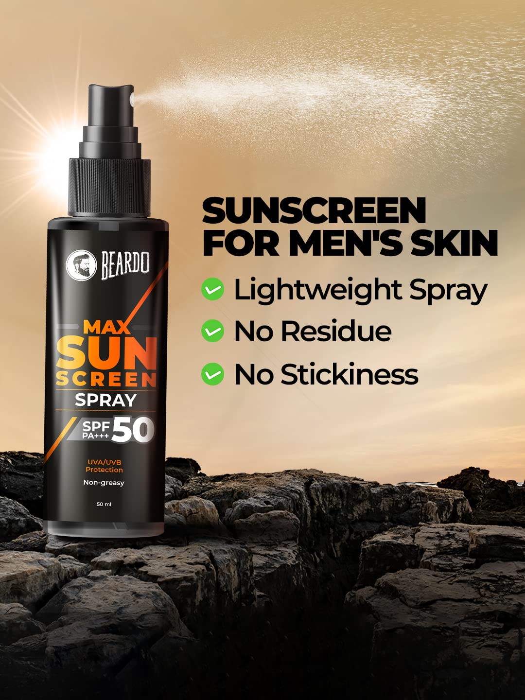 Beardo Max Sunscreen SPF 50 & PA+++ Spray for Men | Non-greasy Spray for Men | Easy Application of Sunscreen for Oily Skin | UVA UVB Protection | 50ml