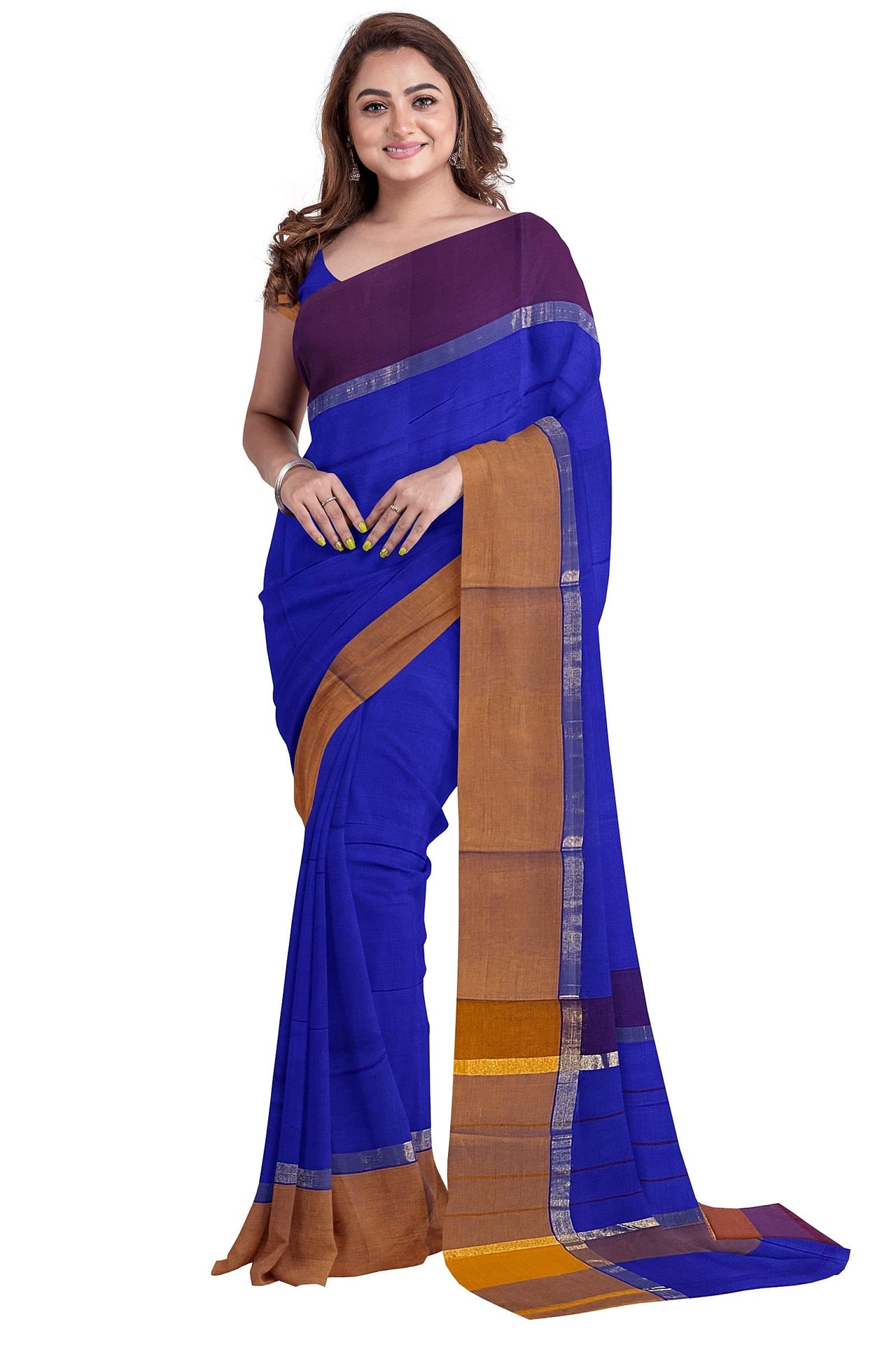 SENSAN Women’s Handloom Kanchi Cotton Saree with Blouse Piece [SKU:430] Light Beige×Navy Blue