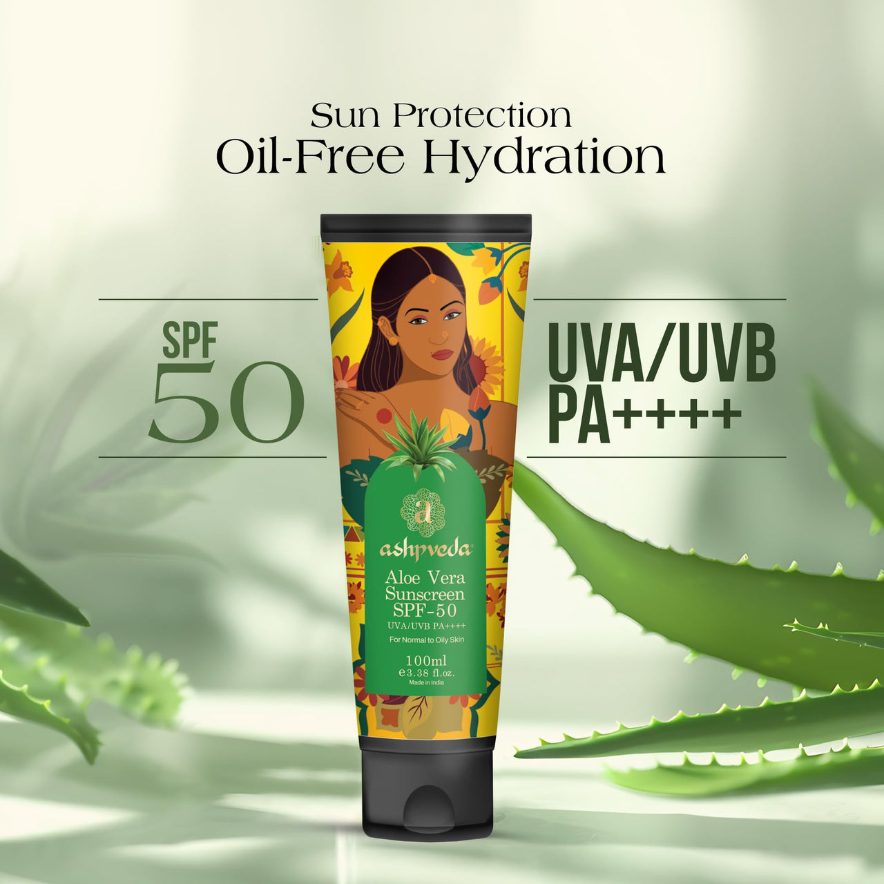 Ashpveda Aloe Vera Sunscreen SPF 50PA++++ | Broad Spectrum UVA/UVB & Blue Light Protection | Hydrating, Lightweight, Fast Absorbing, No white-cast, Non greasy | For Normal to Oily Skin (100ml)