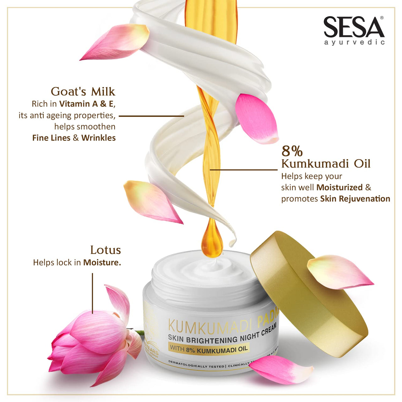 SESA 8% Kumkumadi Padma Night Cream 50g I Skin Brightening, Helps Reduce fine lines & wrinkles I Promotes Skin Rejuvenation & Skin Repair I Anti -Ageing, Even Skin Tone