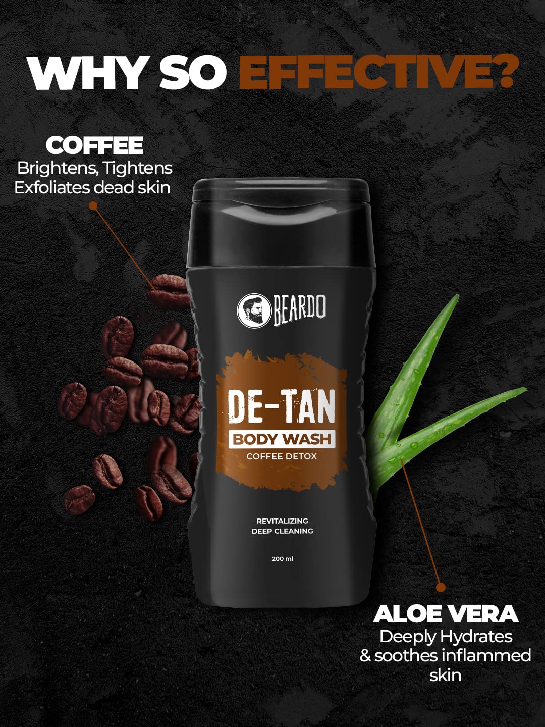 Beardo De-Tan Body Wash for Men, 200ml (Pack of 2) | Tan Removal| Caffeine Body Wash | With Coffee & Aloe Extracts | For Body & Face | Refreshing Fragrance